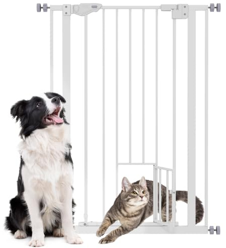 PawHut Barrière de sécurité Animaux de 104H cm Conception Haute avec Porte Chat Fermeture Automatique système de Double Verrouillage sans percage de 74 à 80 cm Acier Blanc
