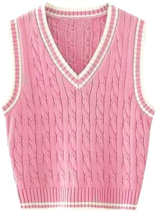 RefindWin Women's Casual V Neck Cable Knit Sweater Vest Solid Sleeveless Tank Tops Women Vest 2024 Pink M