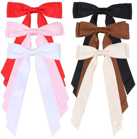 Satin Bow Hair Clips for Women, Silkly Satin Hair Ribbon Bow with Long Tail Hair Accessories for Girls (Black White Beige Red Pink Brown)