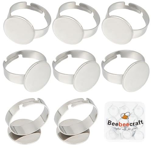 Beebeecraft 1 låda 20 st 14,5 mm ring tomma baser rostfritt stål platt ring justerbar cabochon ring infattning tomma runda fingerringsbrickor för gör-det-själv-smyckestillverkning | Justerbara cabochoner justerbara ringar runda ringbrickor för smyckestillverkning
