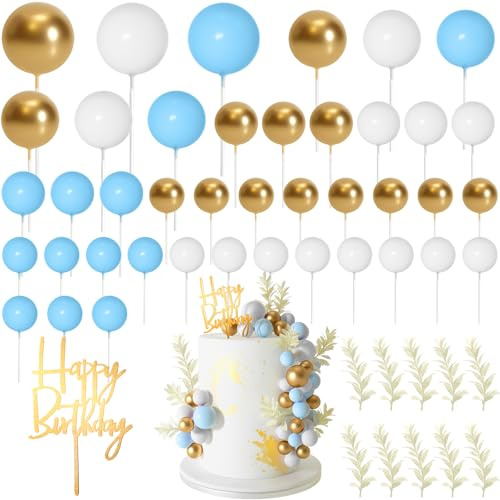 MIAHART Topper per torta con palline, decorazione per torta a tema bohémien, per compleanni, matrimoni, baby shower, feste, forniture per feste a tema boho (oro, azzurro, bianco)
