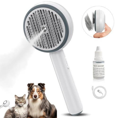 Katzenbürste mit Dampf, 3-in-1 Dampfbürste Katze, Bürste Katze mit Selbstreinigend Einem Knopf mit Wassertank und Spray, Anti Statische Elektrizität und Verknoten Steamy Brush für Katzen Hunde, Weiß