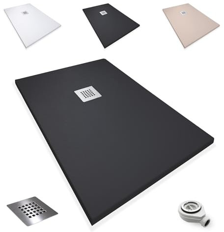 Plato de Ducha Antideslizante 80x150cm - Plato Ducha Resina Resistente a Agentes Químicos - Plato Ducha Antibacteriano - Incluye Rejilla Desagüe Ducha y Válvula Sifón Plato Ducha - Color Negro