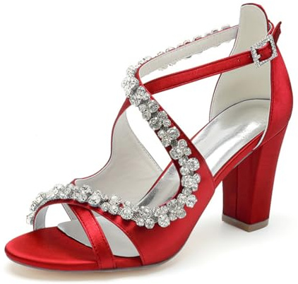smlekwc Donna Punta Aperta Raso Sandali da Sposa Incrociato Cinturino alla Caviglia Vestito Décolleté con Strass Ballo per Feste Tacco Grosso Alto Scarpe per La Sposa,Rosso,37 EU