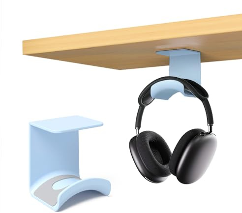 wigmoa S-T8 Compact Headphone Stand for Under Desk Headset Wall Mount with Secure Adhesive Hook, Compatible for Airpods Max &Most Headphone/Controller (Blue/Under Desk)