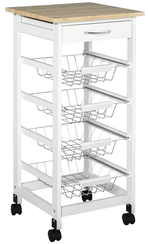 HOMCOM Desserte Cuisine à roulettes, Chariot de Cuisine, 4 paniers métal + tiroir, Chariot de Service, pour Petit Espace, Salle de Bain, Salon, Cuisine, Bureau, Cadre en Bois de pin, Blanc