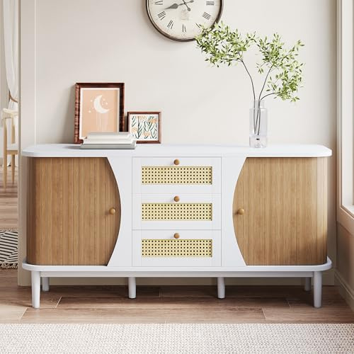 Aparador de ratán con cajones, cómoda con puertas correderas, resistente y duradera, varios espacios de almacenamiento, 140,5 x 40 x 76 cm (blanco y color madera)