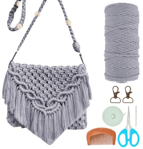 INFUNLY Kit de bolsa de macramé para adultos, principiantes, boho, cordón de macramé, bolsa de hombro con borla de cuentas, kit de bolsa de nudos hecha a mano con instrucciones (idioma español no