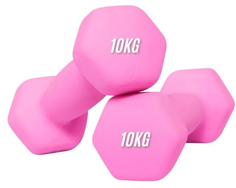 Neoprene Dumbbells Set 0.5-10 kg Pairs | Non-Slip Coated Weights for Aerobic Workout & Strength Training | Hex Hand Dumbbells for Home Gym Fitness in Orange, Blue & Pink (Pink, 10KG Pair)