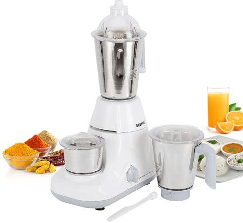 GEEPAS 750W 3-in-1 Mixer Grinder | Stainless Steel Jars & Blades | 3 Speed Control, Perfect for Chutney, Dry & Wet Fine Grinding Mixing | Overload Protection | Powerful Motor | 2 Year Warranty, White