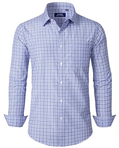 J.VER Mens Shirts Checked Long Sleeve Regular Fit Blue Grey Gingham Plaid Oktoberfest Business Smart Casual Dress Shirt 2XL