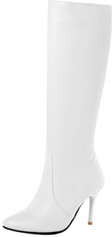 Bviennic Bottes Femme Hauteur Genoux Talon Aiguille Solid Almond Toe Zip Robe 2869 Blanc Taille 33 Eu/32Cn