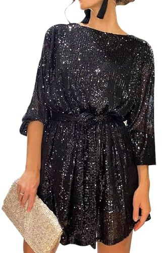 Kfsghdnz Women Sequins Glitter Dress Loose Fit Elegant Cocktail Dress Long Sleeve Party Sparkle Short Dress Clubwear with Belt