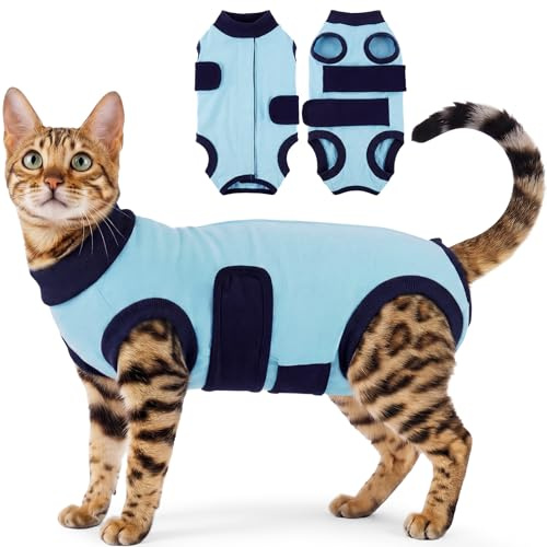 Kuoser Cat Recovery Suit Post Surgery Protection Onesie Breathable, Blue S