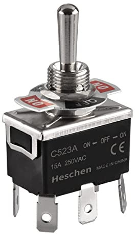 Heschen Interrupteur à bascule en métal C523A DPDT maintenu ON/OFF/ON 3 positions 15 A 250 VAC 6 onglets terminal CE