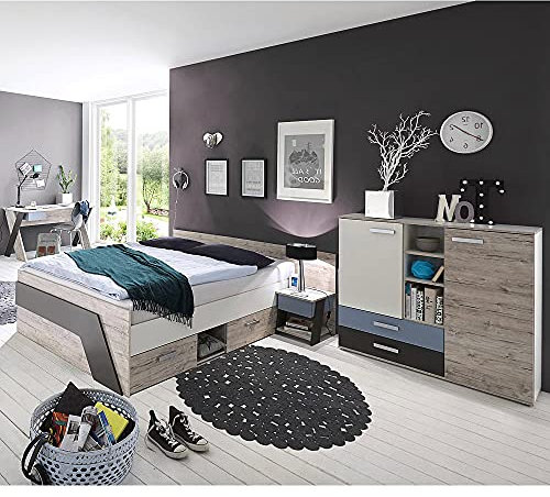 Lomadox Jugendzimmer Kinderzimmer Set, Sandeiche weiß Lava blau, 140 x 200 cm Kojenbett, Schreibtisch, Nachttisch, Highboard