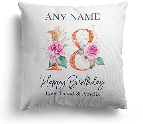 Personalised 18th Birthday Cushion Pillow Any Name Pink Floral Cover And Inner Scatter Cushions Throw Pillows Gift For Her Girls Bedroom Happy Birthday Keepsake Decor (cover & inner)
