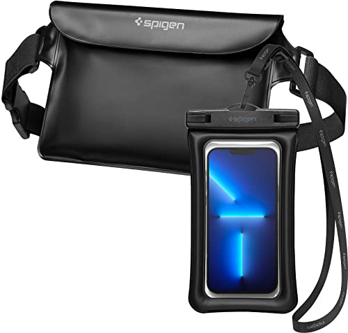 Spigen Aqua Shield Waterproof Dry Bag and Waterproof Phone Pouch, [Quad Seal Tech] IPX8 Bags with Adjustable Waist Strap for Ski, Snowboarding, Swimming, Paddle Boarding, Fishing, and Kayaking - Black