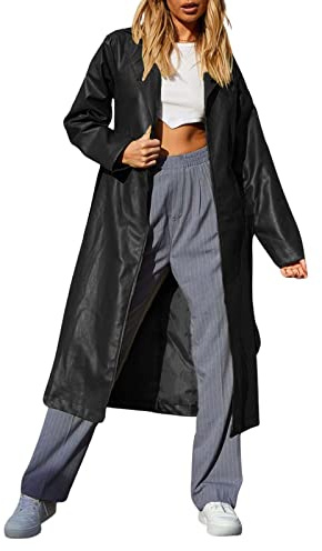 chouyatou Women's Casual Lapel Open Front Pu Faux Leather Long Trench Coat with Belt (Medium, Black)