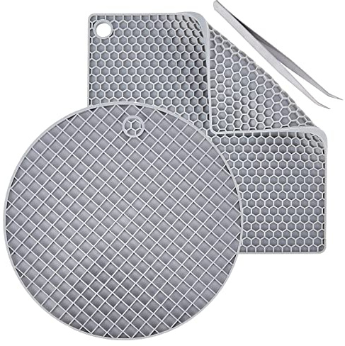 GORGECRAFT 2 Stili Tappetini In Silicone per Doming 18 cm Rotondi Quadrati In Resina Sottopentola Da Tavolo con Pinzette Cuscinetti In Gomma A Nido D'Ape Grigi A Prova di Calore Vassoi