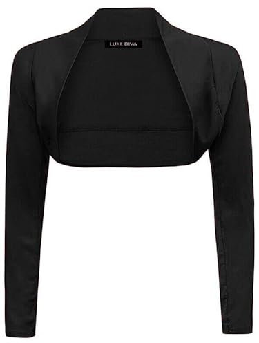 LUXE DIVA Womens Plain Long Sleeve Bolero Shrug Crop Top – Ladies Cropped Cardigan Knitted Shrug Top for Casual, Party or Evening, Wear UK Sizes 8-26 Black