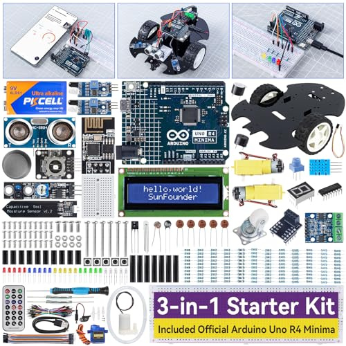 SUNFOUNDER Kit de Démarrage 3-en-1 avec Arduino Uno R4 Minima d’Origine, projets IoT et Voiture Intelligente, WiFi ESP8266, Batterie, Plus de 50 tutoriels, Conforme RoHS