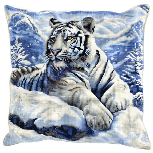 MAFANG 11CT Kreuzstich Kissen Set Schneeberg-Tiger-Stickset Für Erwachsene，Anfänger，Kreuzstichkissen/Stickkissen-Set A 45x45cm