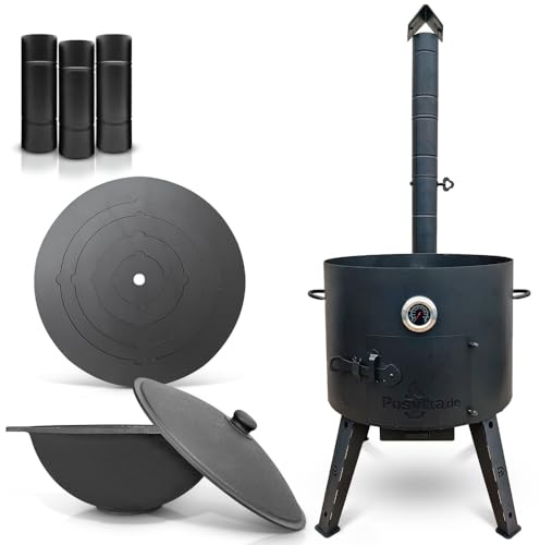 Utschak Uchag F22-6 - Hornillo de fuego (49 cm de diámetro, 2 mm, acero de 4 mm, base plana de 22 L, con termómetro y tubo de extensión de termómetro)