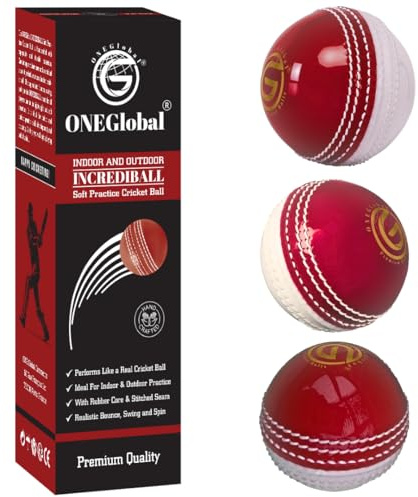 ONEGlobal Incrediball - Pelota de críquet de práctica suave, pelota de críquet de goma suave para exteriores e interiores con núcleo y costura cosida, para habilidades de afilado y diversión familiar