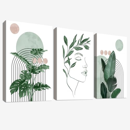 3 Pcs Bohemio Póster Set Marco de Madera Cuadro Moderno Estética Planta Verde Lienzo Decorativos Líneas Geométricas Pintura Imagen Cuadros Decoracion Salon Dormitorios Pasillo Baño 50cmx70cmx3