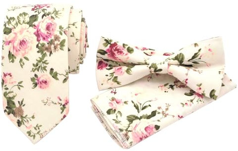 XFSRG Krawatten für Herren Set mit Blumenmuster Fliegen und Taschentuch Geeignet für Hochzeit Party Weihnachten Modisches Accessoire (Hellbeige)