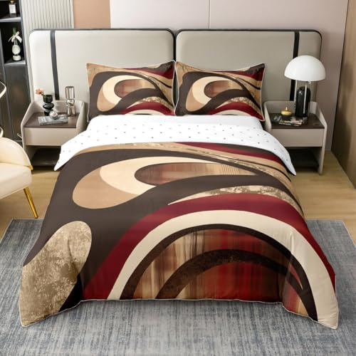 Homemissing Stripes Bedding 100% Cotton Duvet Cover Set King Size Red Burgundy Brown Bedding Set for Kids Boys Girls Decor Geometric Comforter Cover Set Abstract Bedspread Cover Bedroom Bedclothes