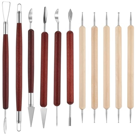 TIESOME Lot de 11 outils de sculpture de poterie en argile polymère à double tête en acier inoxydable avec poignées en bois pour sculpture, moulage, modelage, argile polymère séchée à l'air libre pour