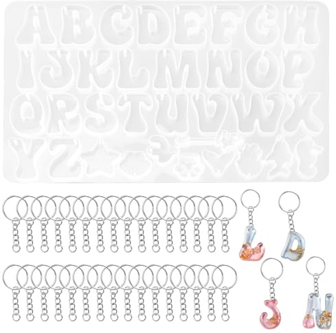 VOSSOT Silikonform Buchstaben Set, Epoxidharz Form mit Löchern Alphabet Schlüsselanhänger mit Einzelschlaufe und Spaltring, Epoxidharz Formen für DIY Schmuck Home Dekoration Kuchen Dekoration Anhänger