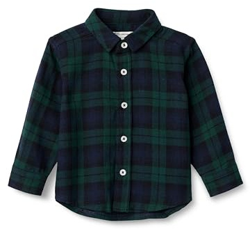 Amazon Essentials x Sofia Grainge Baby Boys' Button Down Plaid Flannel Shirt, Dark Emerald Green Deep Blue Plaid, 12 Months
