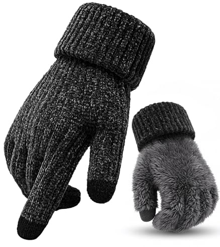 Gants Hiver Chauds Pour Homme - Gants Thermiques Tactiles pour Hommes et Femmes, en Tricot avec Doublure en Laine et Poignet Élastiqué, pour Sport Extérieur