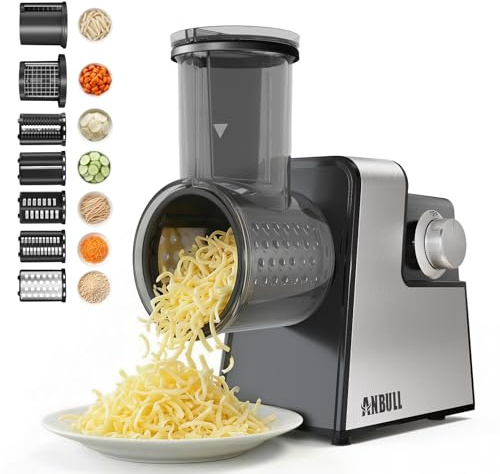 Anbull 7-in-1 Electric Salad Maker, 250W Professional Cheese Grater & Vegetable Cutter with Dicer, French Fry Blades, Automatic Slicer Shredder for Salads, Fruits, Nuts, One-Touch Meal Prep, BPA-Free