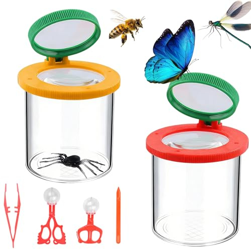 2 Set Lupa para Niños, Lupa para Insectos, Atrapainsectos con Aumento de | 2 Set Lupa para Niños Lupa para Insectos, Atrapainsectos conAumento de3/6 + Pinzas/Palo de Cebo/Clip de Bola/Clip de Mariposa