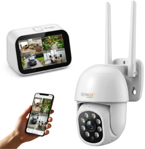 Technaxx Mini Övervakningskamera Set med Pekskärm 4,3 Tum 3MP 2K WiFi Kamera Dual Band 2,4GHz 5,8GHz IP65 Utomhuskamera PTZ Pan Tilt AI Persondetektering Nattseende Tvåvägsljud - TX-389
