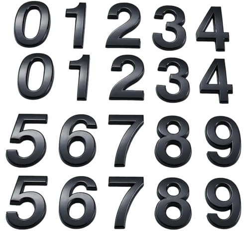 Flewdart 20 uds Numeros Adhesivos 5Cm,Numeros Para Habitaciones De Hotel,Numeros Adhesivos Para Buzón 3d Placas De Matrícula Del 0 Al 9 Para Casas Pisos, Oficinas Y Buzones (Negro, 50 mm, 20 uds)