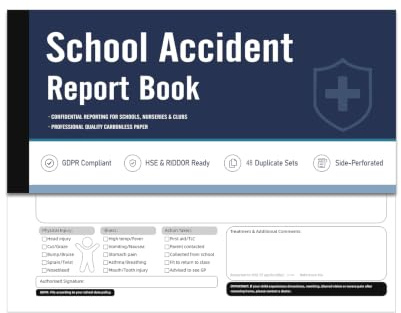 School Accident Report Book for Schools, Illness Log, 48 Sets | 2-part carbonless pages, side-perforated, compact 210 x 99 mm, for schools, nurseries, childcare and first aid points