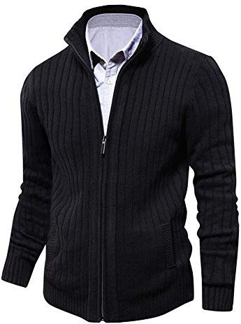 AOLI RAY Herren Strickjacke Stehkragen Cardigan mit Reißverschluß und Taschen Feinstrike Pullover Schwarz L