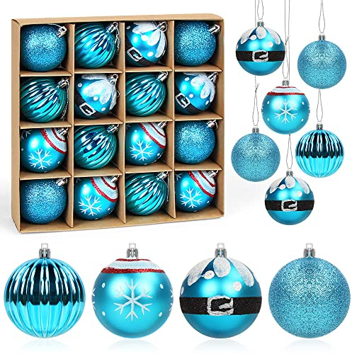 6cm Christbaumkugeln Blau, 16PCS Weihnachtsbaumkugeln Kunststoff, Weihnachtsbaum Kugeln Diamant, Bemalte Baumschmuck Weihnachtskugeln, Plastikkugel Christbaumschmuck Hängedekorationen