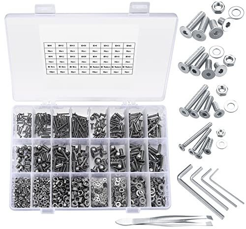 950 Stück Flachkopfschrauben und Muttern und Unterlegscheiben Sortiment Kit, M2/M3/M4/M5 Innensechskantschrauben, Senkkopfschrauben mit Innensechskant Muttern Unterlegscheiben (Silber 950)