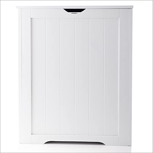 Wooden Laundry Bin Chest Storage Hamper Basket With Lid Bathroom Storage Freestanding Cabinet White &Grey (White)