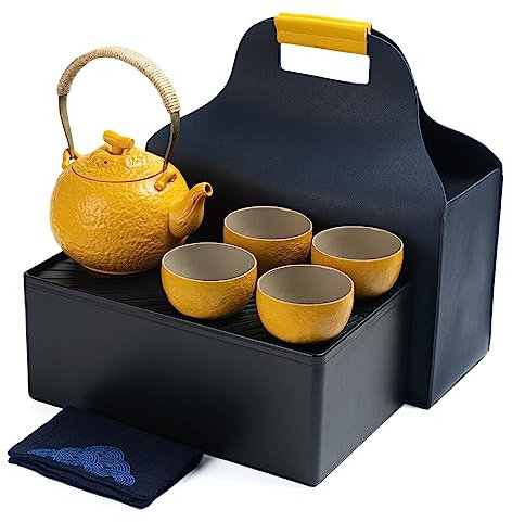 TEANAGOO Teekanne Tragbares japanisches Teeset für Frauen, orangefarbenes Reise-Keramik-Teeset, 1 Teekanne (700ml/25oz) + 4 Teetassen (110ml/4oz), U4, Teeschale mit Abflussrohr, Teekanne mit