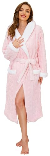 HEARTNICE Plush Long Hooded Robes for Women, Soft Fluffy Womens Fleece Robe Thicker Warm Bathrobes (Light Pink, S/M)