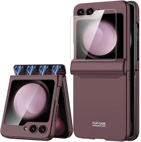 Miimall Custodia Compatibile con Samsung Galaxy Z Flip 5, Cerniera Magnetica, Pellicola Protettiva HD, Cover Antiurto PC, Case Antiscivolo Protettiva Sottile per Samsung Galaxy Z Flip 5, Rosso