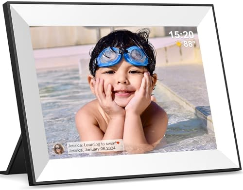 Frameo digital fotoram, WiFi bildspel digital fotoram med 10,1 tum IPS pekskärm, ladda från telefonen till 32 GB digital ram, smart rotationsbilder via vit elektronisk bild, present
