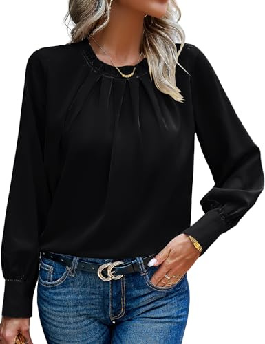 HANERDUN Camicia Donna Elegante Maglietta Donna Maniche Lunghe Camisa de Negocios Plisada con Cuello Redondo Blusa Casual Color Sólido